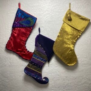 Set of 3 Unique Christmas Stockings Red Gold Purple Holiday Decor Holiday Mantle